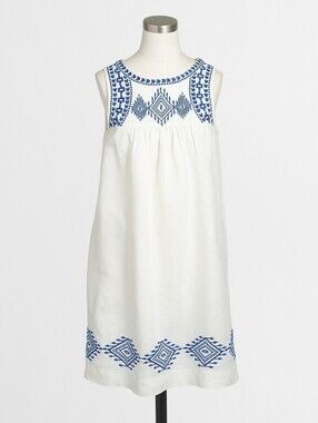 J. Crew Factory - White Sleeveless Mini Dress Embroidered Blue Trim - 10